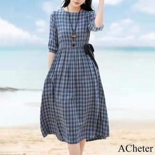 【ACheter】日式雙層棉色織文藝圓領七分袖格紋連身裙寬鬆顯瘦中長版收腰洋裝#117746(藍色)