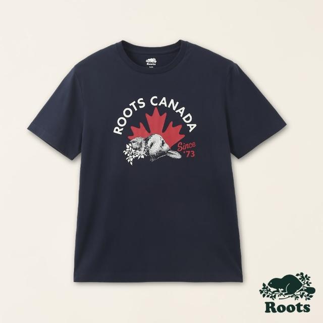 【Roots】Roots男裝-加拿大日系列 手繪海狸有機棉短袖T恤(軍藍色)