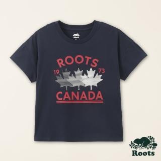 【Roots】Roots女裝-加拿大日系列 楓葉元素有機棉寬版短袖T恤(軍藍色)