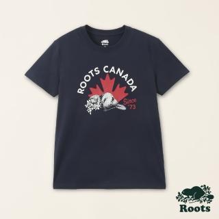 【Roots】Roots女裝-加拿大日系列 手繪海狸有機棉短袖T恤(軍藍色)
