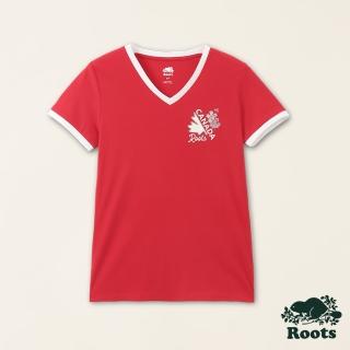 【Roots】Roots女裝-加拿大日系列 加拿大元素有機棉V領修身短袖T恤(紅色)