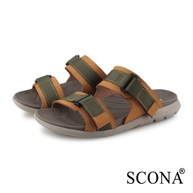 【SCONA 蘇格南】真皮 運動休閒舒適涼拖鞋(棕綠色 1755-2)