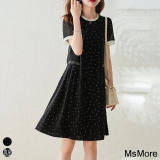 【MsMore】黑色波點雪紡連身裙氣質寬鬆直筒短袖圓領大碼中長洋裝#117420(2色)
