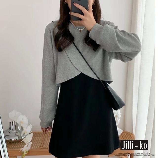 【JILLI-KO】兩件式設計感交叉下襬短版上衣+背心裙-F(灰)