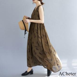 【ACheter】文藝氣質連身裙無袖V領咖啡蘆葦印花雪紡背心長裙A字洋裝#117749(咖色)