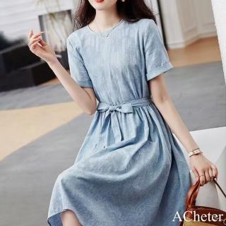 【ACheter】短袖緹花連身裙圓領肌理感休閒系帶藍色氣質短袖中長洋裝#117617(藍色)