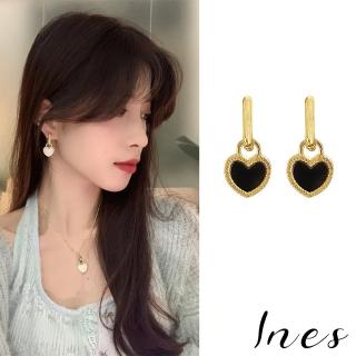 【INES】韓國設計法式復古時尚黑白雙色雙面愛心鎖造型耳扣 耳環(黑白耳環 雙色耳環 愛心鎖耳環)