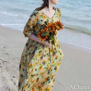 【ACheter】小清新花色苧麻連身裙仙氣飄逸七分袖V領寬鬆長洋裝#117614(花紋)