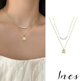 【INES】法式甜美玫瑰方牌珍珠造型雙層項鍊(方牌項鍊 珍珠項鍊 雙層項鍊)