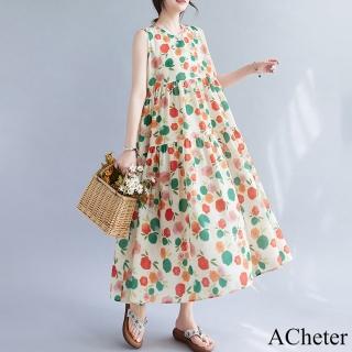 【ACheter】無袖背心裙復古溫柔風chic碎花連身裙圓領長版洋裝#117621(印花)