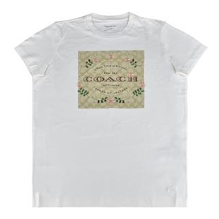 【COACH】COACH FLORAL KNOT 空心LOGO刺繡小花花搭C字印花設計純棉短袖T恤(女款/白)