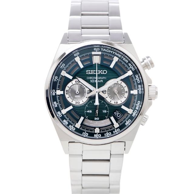 【SEIKO 精工】CS系列 三眼計時不鏽鋼錶帶手錶-綠面X銀色/41mm(SSB405P1)