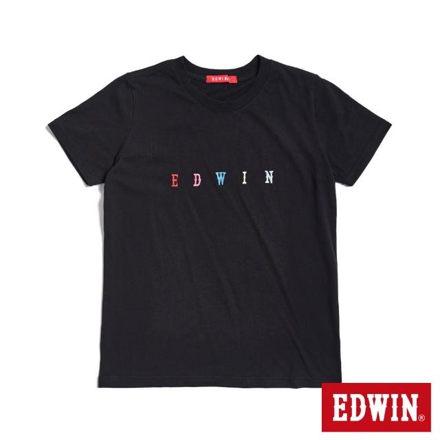 【EDWIN】女裝 人氣復刻款 繽紛繡花LOGO短袖T恤(黑色)