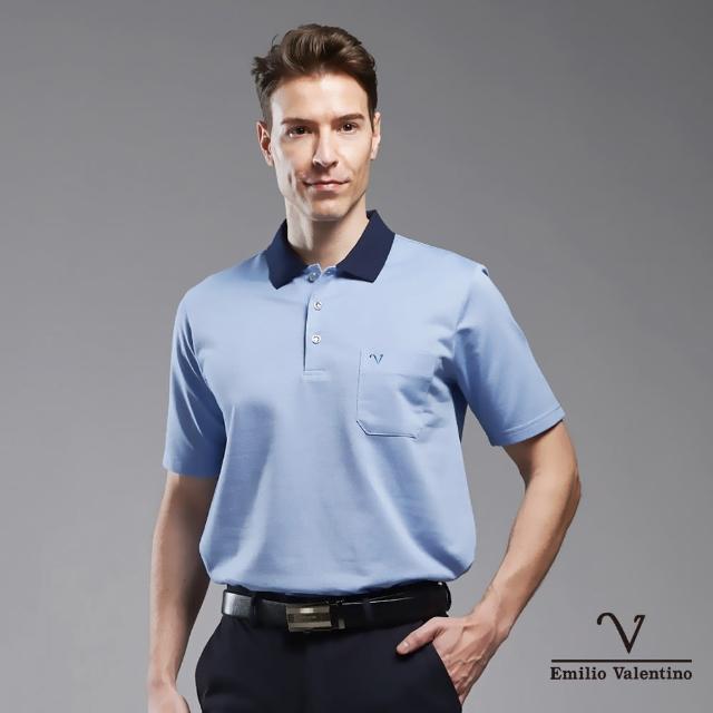 【Emilio Valentino 范倫鐵諾】男裝 舒適透氣百搭精梳棉胸袋休閒POLO衫_藍(21-3V7802)