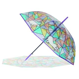 【日本SOLEIL】可愛貓咪歌德式鑲嵌玻璃玫瑰花窗透光雨傘 透明透視傘 彩繪玻璃傘(水藍色)