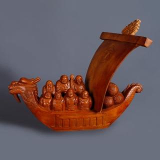 【MU LIFE 荒木雕塑藝品】七福神乘寶船-高40cm(台灣檜木)