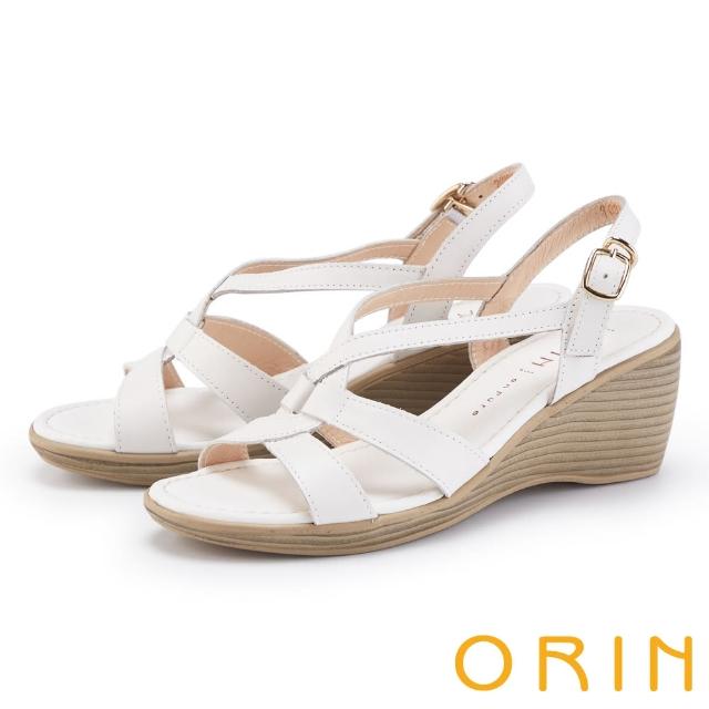 【ORIN】真皮編織交錯高跟楔型涼鞋(白色)