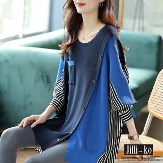 【JILLI-KO】側口袋寬鬆設計感氣質條紋拼接針織衫-L(藍)
