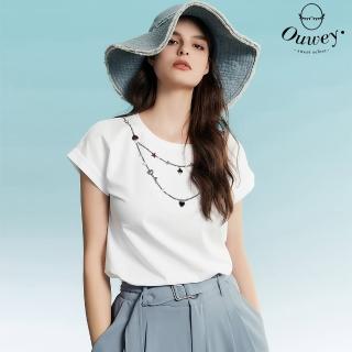 【OUWEY 歐薇】造型釘珠項鍊刺繡高含棉連袖上衣(白色；S-L；3232061201)