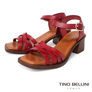 【TINO BELLINI 貝里尼】西班牙進口牛皮交錯繞帶釦帶粗跟涼鞋FSKV004(紅)