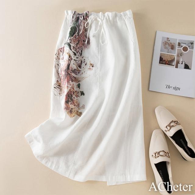 【ACheter】寬鬆顯瘦A字裙女文藝純色印花棉麻鬆緊腰半身裙#117600(白)