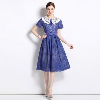 【M2M】玩美衣櫃娃娃領短袖蕾絲洋裝法式藍色連身裙M-2XL