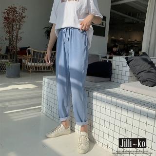 【JILLI-KO】韓版彈力休閒寬鬆薄款冰絲牛仔哈倫褲-F(淺藍)