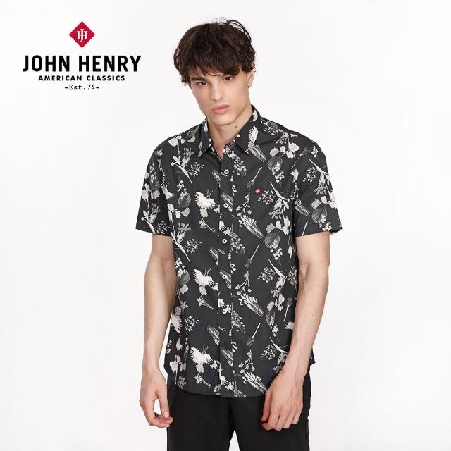 【JOHN HENRY】墨色印花短袖襯衫-黑色