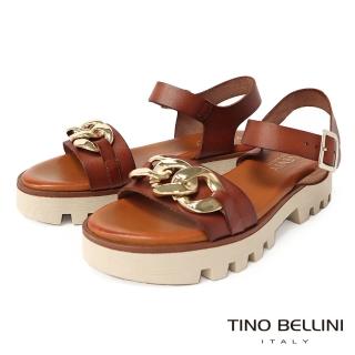 【TINO BELLINI 貝里尼】西班牙進口金屬鍊環牛皮釦帶厚底涼鞋FSJV002(棕)