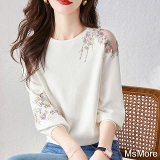 【MsMore】甜美小清新花朵顯瘦針織圓領露肩七分袖短版上衣#116476(白色)