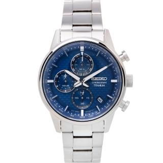 【SEIKO 精工】編織格紋設計三眼計時鈦金屬材質錶帶手錶-藍色面X銀色-41mm(SSB387P1)