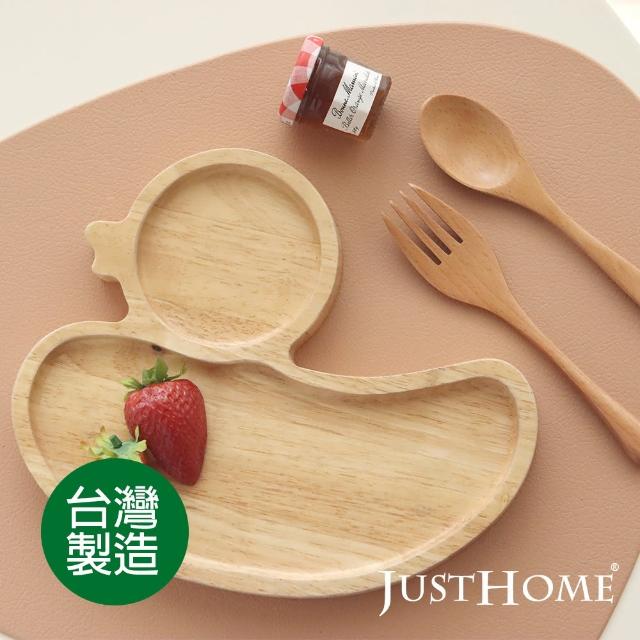 【Just Home】台灣製剪影橡膠木餐盤-鴨子外型-附原木叉子/湯匙(3件組)