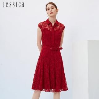 【JESSICA】優雅花卉蕾絲襯衫領小包袖腰帶洋裝232371（紅）