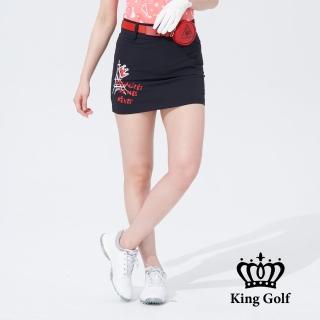 【KING GOLF】速達-網路獨賣款-女款塗鴉風立體刺繡修身運動短裙(藍色)