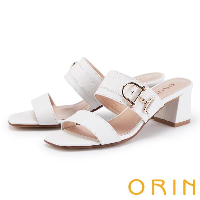【ORIN】布紋羊皮金釦高跟拖鞋(白色)