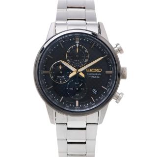 【SEIKO 精工】編織格紋設計鈦金屬材質錶帶三眼計時手錶-黑色面-41mm(SSB391P1)