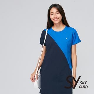【SKY YARD】網路獨賣款-潮流撞色拼接印花洋裝長版上衣(藍紫)