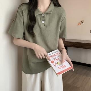 【HanVo】現貨 素色華夫格POLO衫(韓國寬鬆短袖上衣 韓版簡約日常T 韓系女裝 女生衣著 0028)