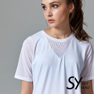 【SKY YARD】網路獨賣款-紗網剪接長版運動T恤(白色)