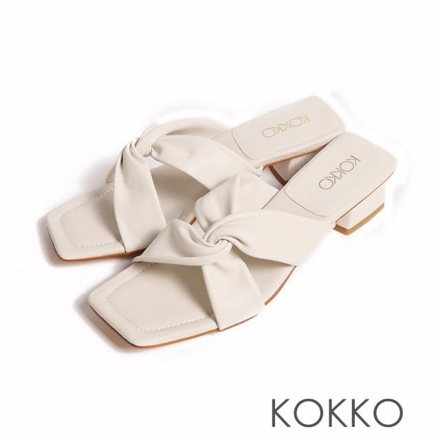 【KOKKO 集團】時尚抓皺感綿羊皮方跟拖鞋(米色)