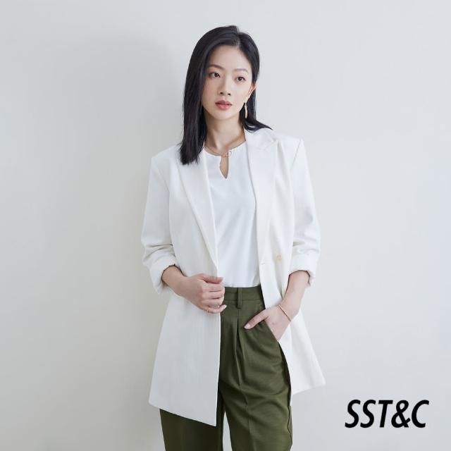 【SST&C.超值限定】白色條紋綁帶休閒長版西裝外套8162009001