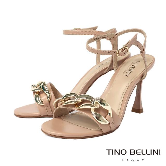 【TINO BELLINI 貝里尼】巴西進口金屬鍊飾牛皮繫踝10CM高跟涼鞋FSMV005(駝)