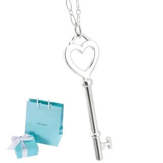 【Tiffany&Co. 蒂芙尼】925純銀-KEY 簍空愛心長鑰匙吊飾蛋型鍊帶項鍊