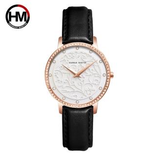 【HANNAH MARTIN】英倫簡約鑲鑽浮雕錶面皮帶腕錶(HM-1073-P1)