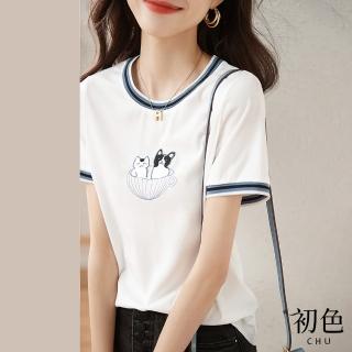 【初色】圓領休閒動物刺繡寬鬆T恤上衣女上衣-白色-66822(M-2XL可選)