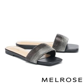 【MELROSE】奢華時髦漸層水鑽麂布方頭平底拖鞋(黑)