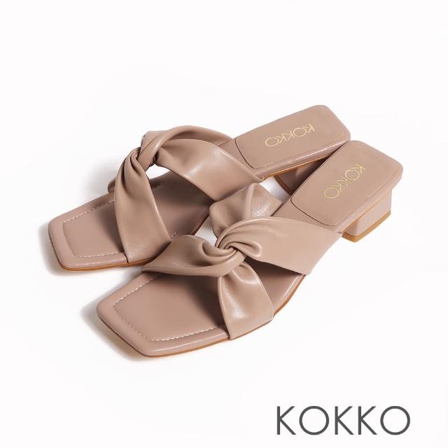 【KOKKO 集團】時尚抓皺感綿羊皮方跟拖鞋(駝灰色)