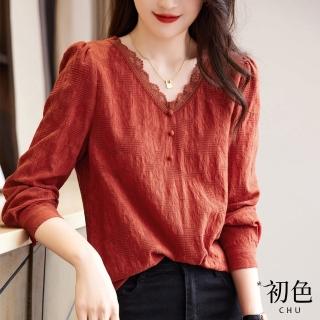 【初色】復古蕾絲花邊長袖T恤上衣女上衣-紅色-66883(M-XL可選)