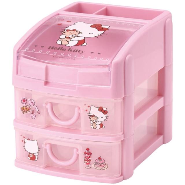 【小禮堂】Hello Kitty 頂層掀蓋塑膠雙抽收納盒 - 粉抱熊款(平輸品)
