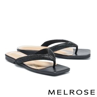 【MELROSE】奢華魅力水鑽麂布方頭平底夾腳拖鞋(黑)
